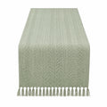 Chemin de table 180 x 33 cm en tissu vert sauge tissé à franges décoratif