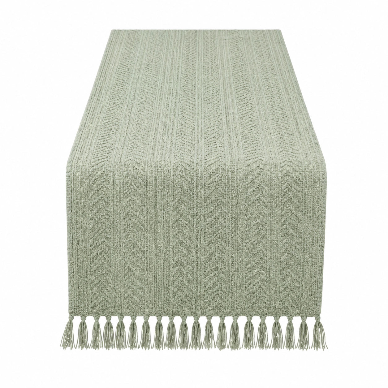 Chemin de table 180 x 33 cm en tissu vert sauge tissé à franges décoratif