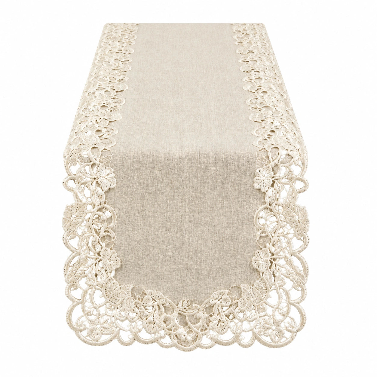 Chemin de table 180 x 40 cm beige en tissu aspect lin avec dentelle florale style classique