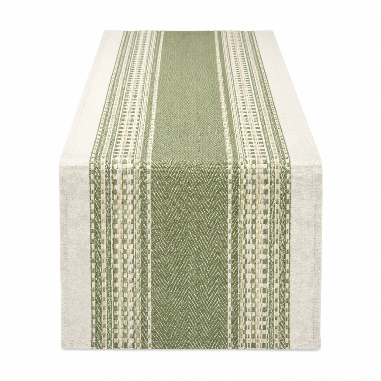 Chemin de table 180 x 33 cm en tissu tissé vert et beige à rayures décoratif