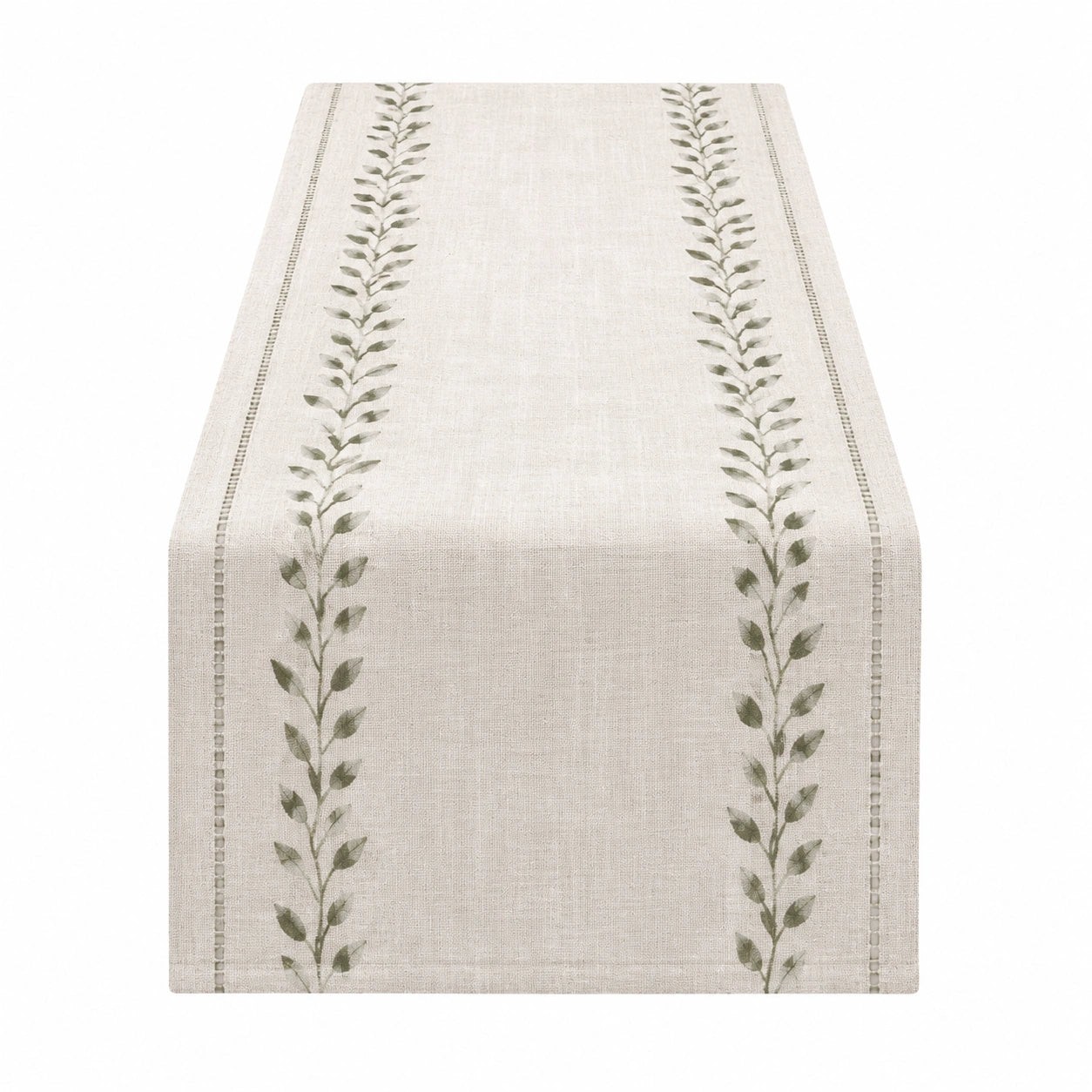 Chemin de table 180 x 40 cm en tissu beige à motif végétal vert style naturel