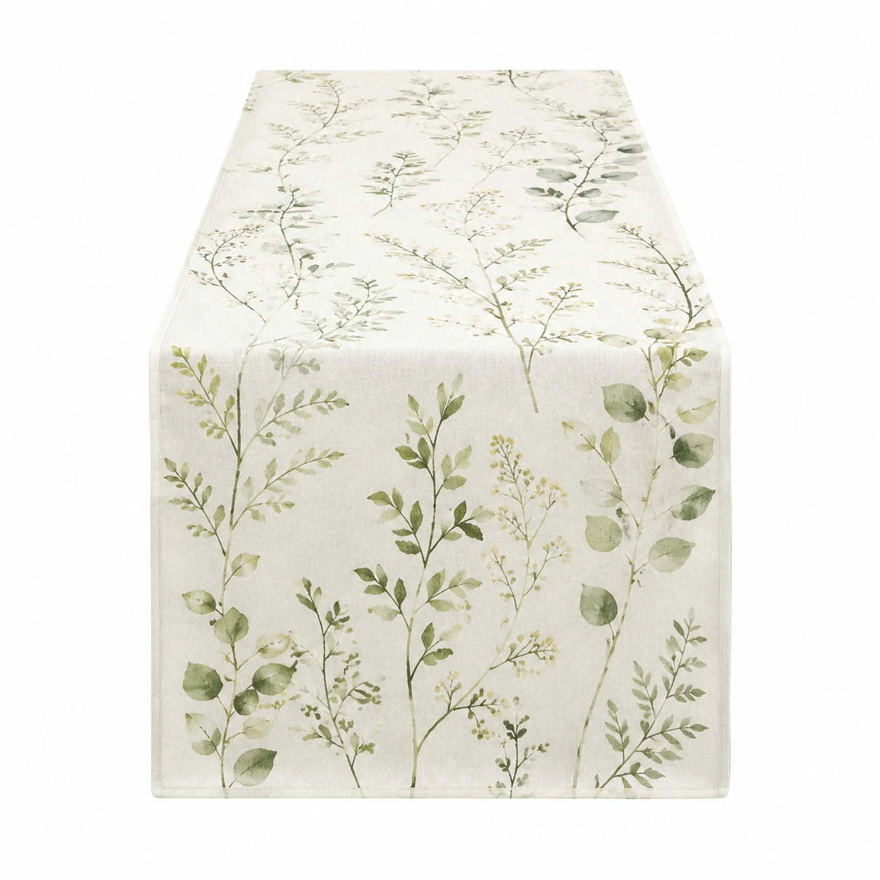 Chemin de table 180 x 35 cm en polyester ivoire vert à motif végétal style botanique