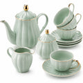 Service à thé 11 pièces en porcelaine vert menthe doré style côtelé