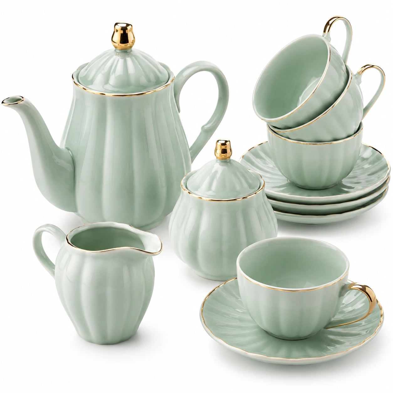 Service à thé 11 pièces en porcelaine vert menthe doré style côtelé