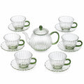 Service à thé 6 personnes en verre transparent vert - théière avec tasses et soucoupes striées