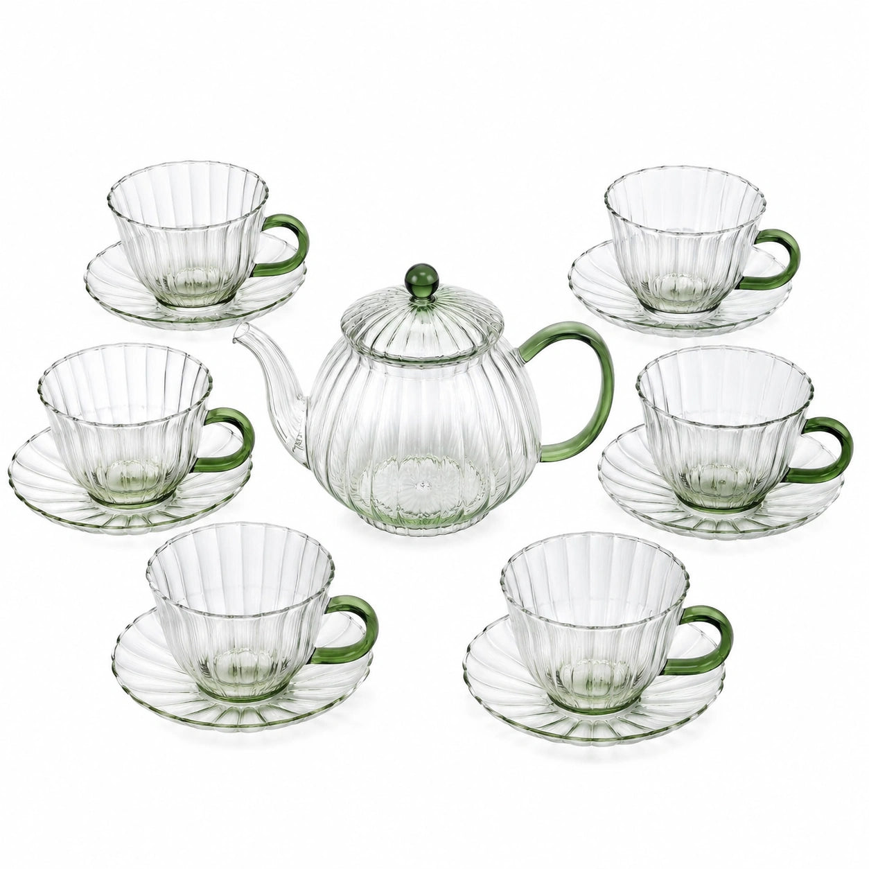 Service à thé 6 personnes en verre transparent vert - théière avec tasses et soucoupes striées