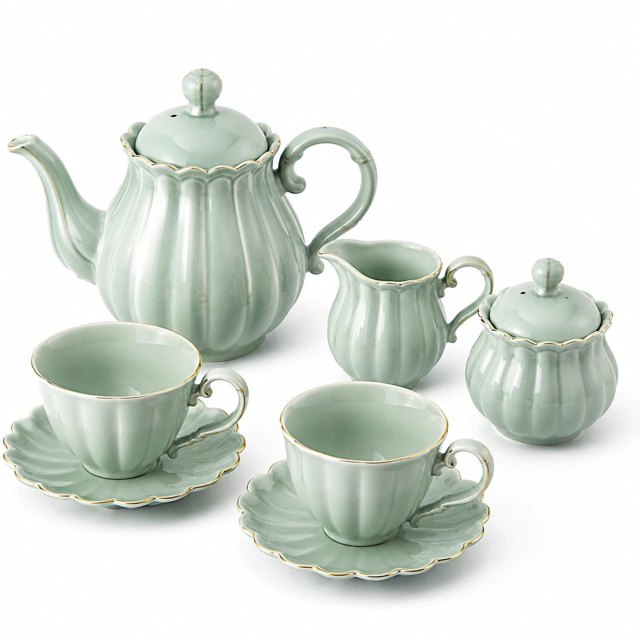 Service à thé 6 pièces en porcelaine vert céladon 15.5 cm style classique