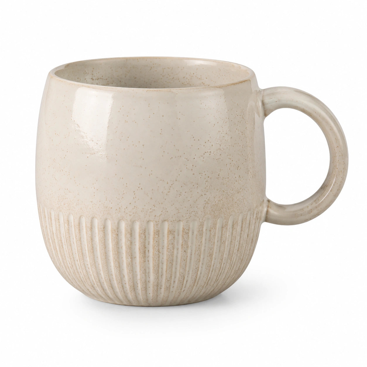 Mug 400 ml en grès beige moucheté pour boissons chaudes style rainuré